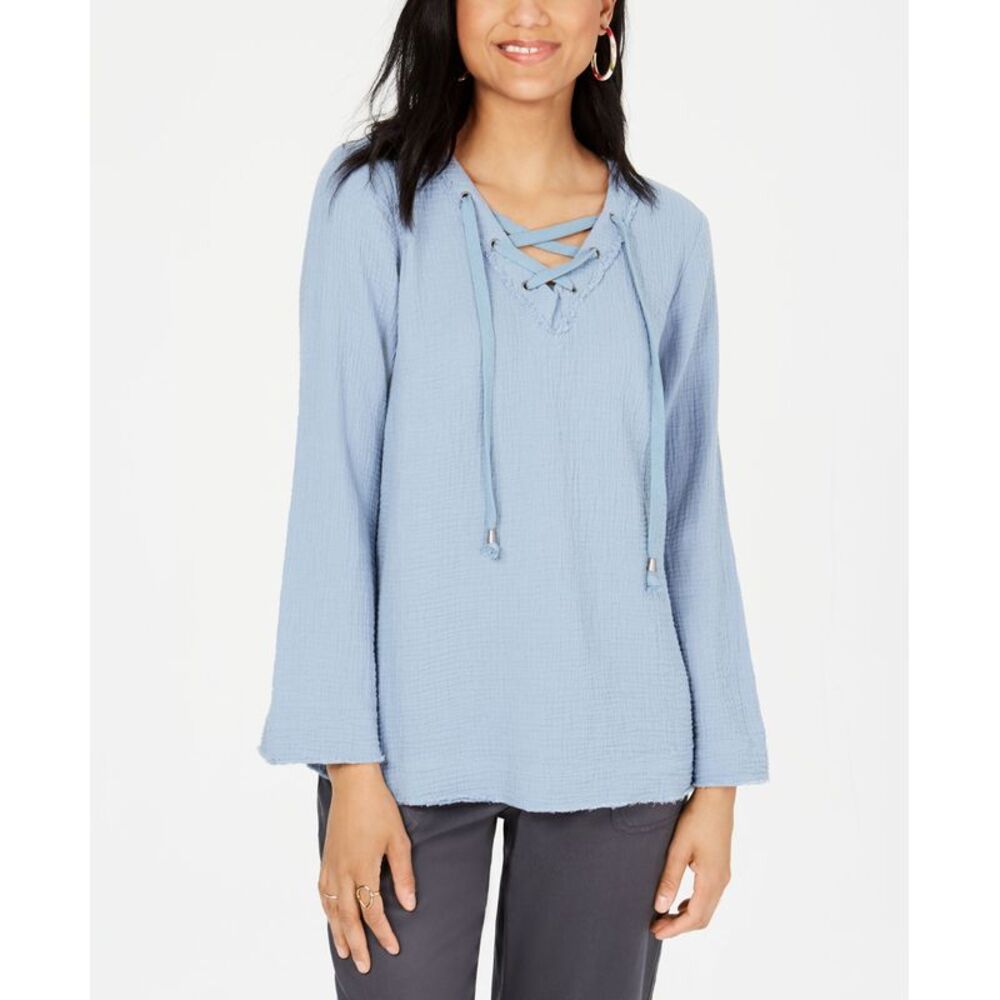 Style & Co Cotton Lace Up Textured Top